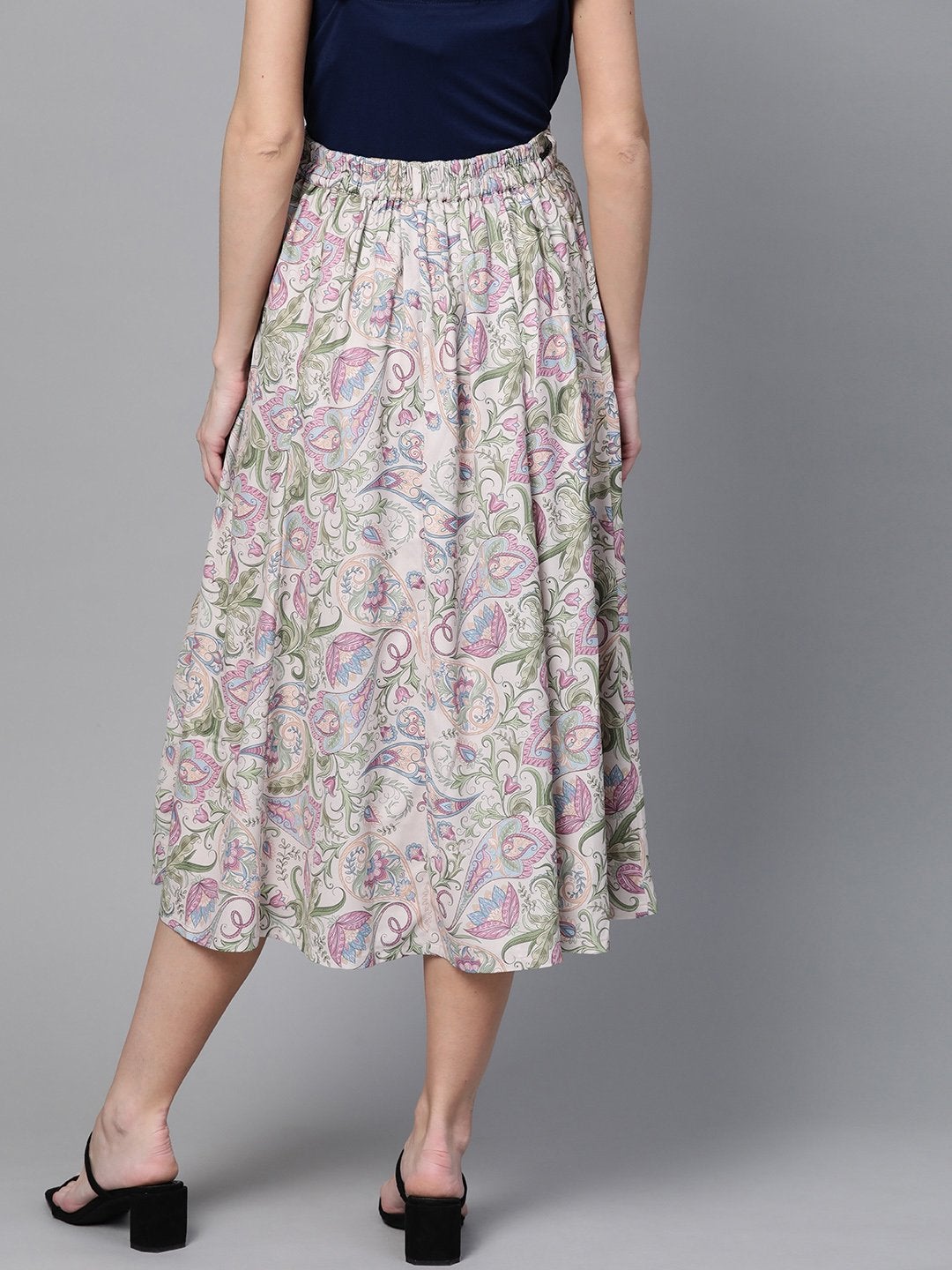 Women's Beige Paisley Flared Belted Skirt