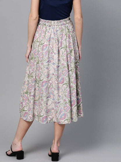 Women's Beige Paisley Flared Belted Skirt