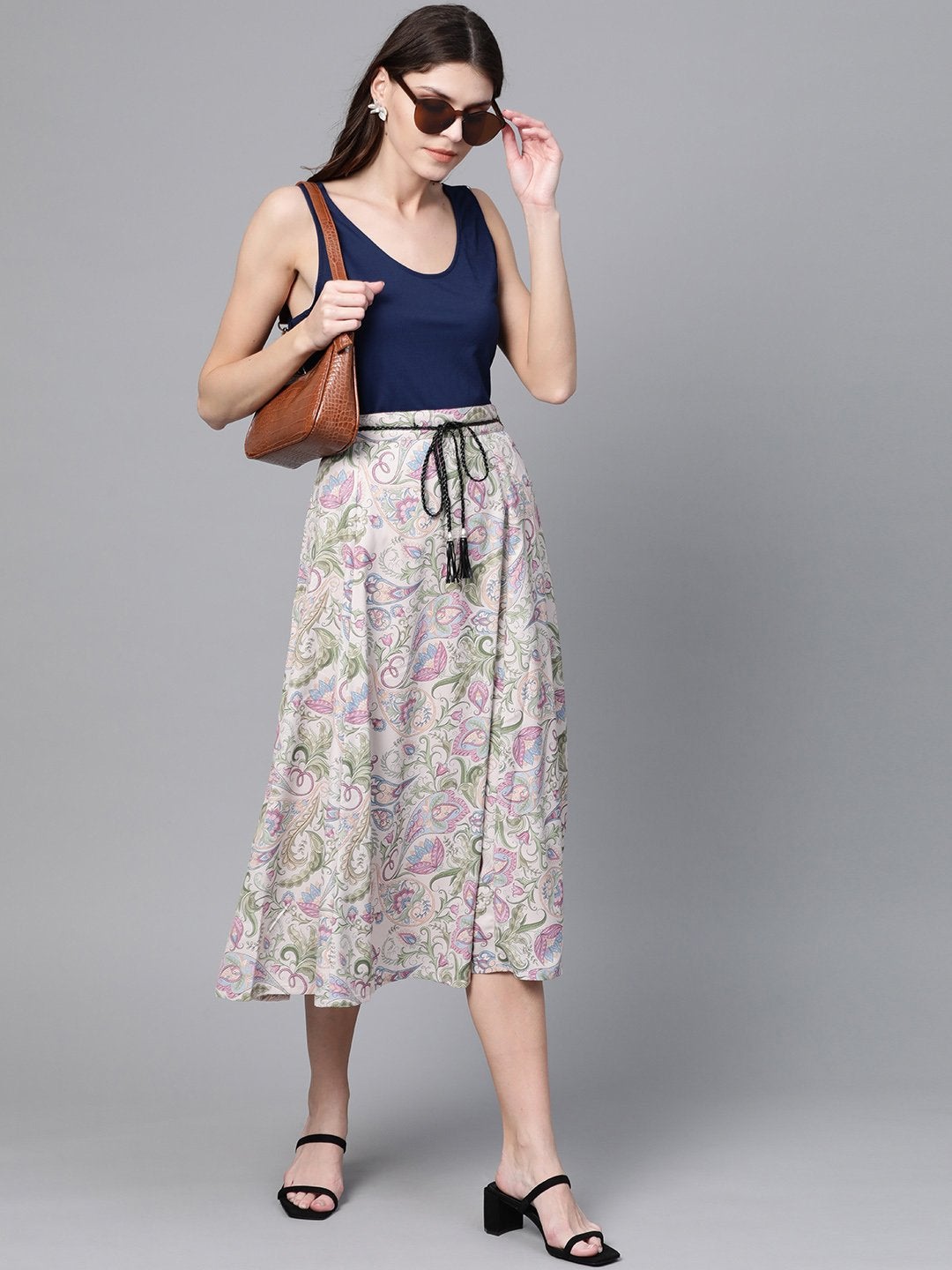 Women's Beige Paisley Flared Belted Skirt