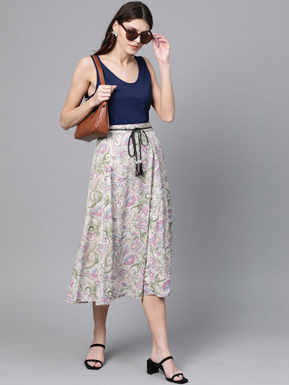 Women's Beige Paisley Flared Belted Skirt