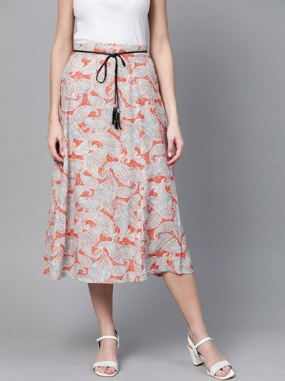 Women's Orange Paisley Flared Belted Skirt