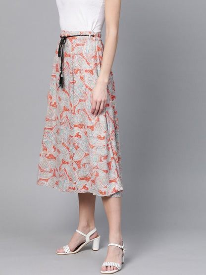 Women's Orange Paisley Flared Belted Skirt