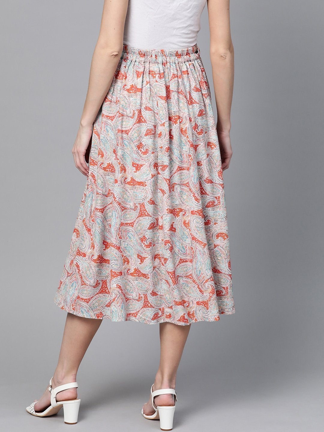 Women's Orange Paisley Flared Belted Skirt