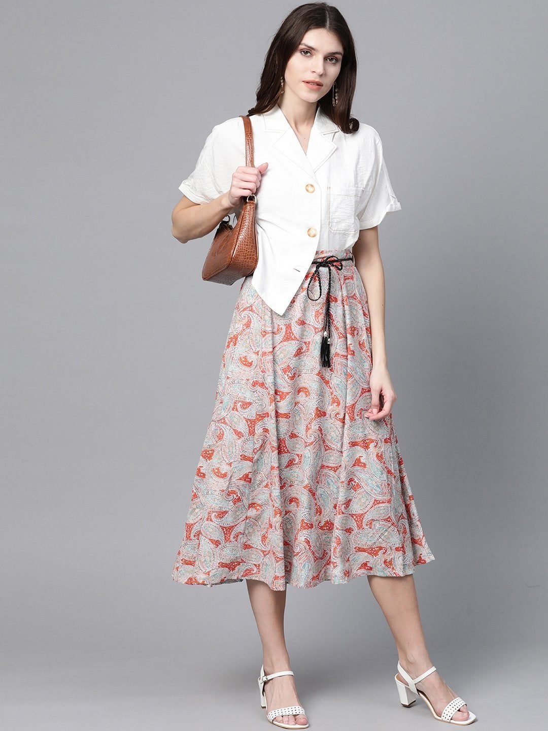 Women's Orange Paisley Flared Belted Skirt