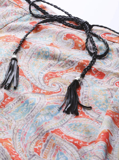 Women's Orange Paisley Flared Belted Skirt