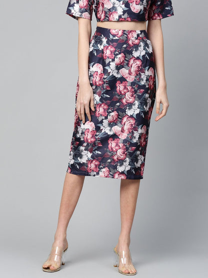 Women's Navy Floral Pencil Skirt