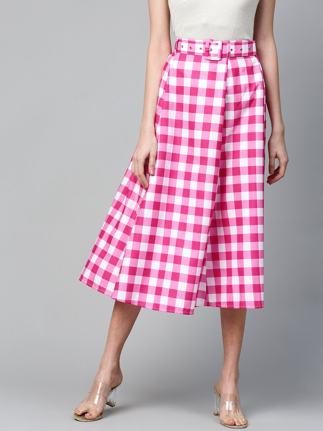 Women's Fuchsia & White Check Belted Skirt
