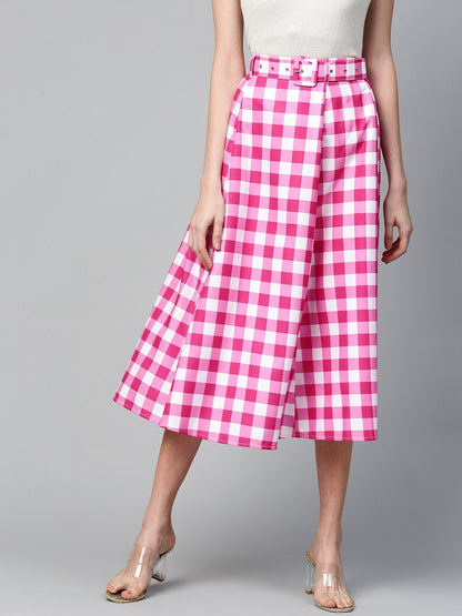 Women's Fuchsia & White Check Belted Skirt