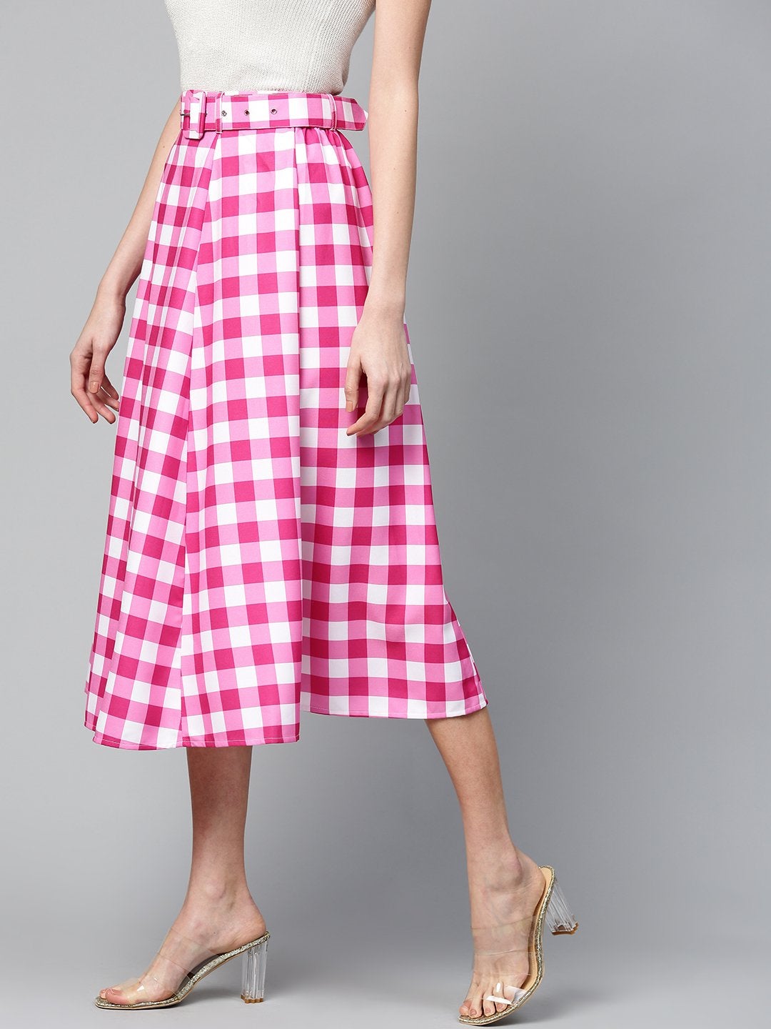 Women's Fuchsia & White Check Belted Skirt