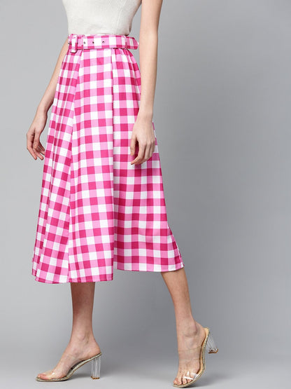 Women's Fuchsia & White Check Belted Skirt