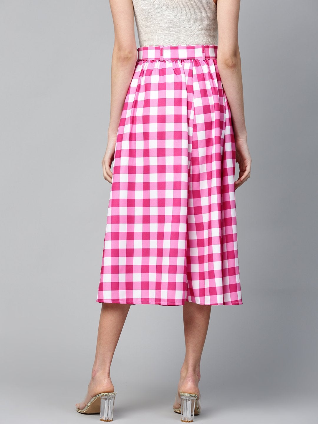 Women's Fuchsia & White Check Belted Skirt