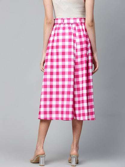 Women's Fuchsia & White Check Belted Skirt