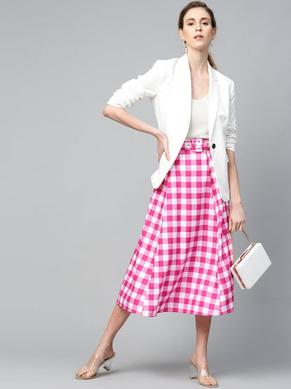 Women's Fuchsia & White Check Belted Skirt