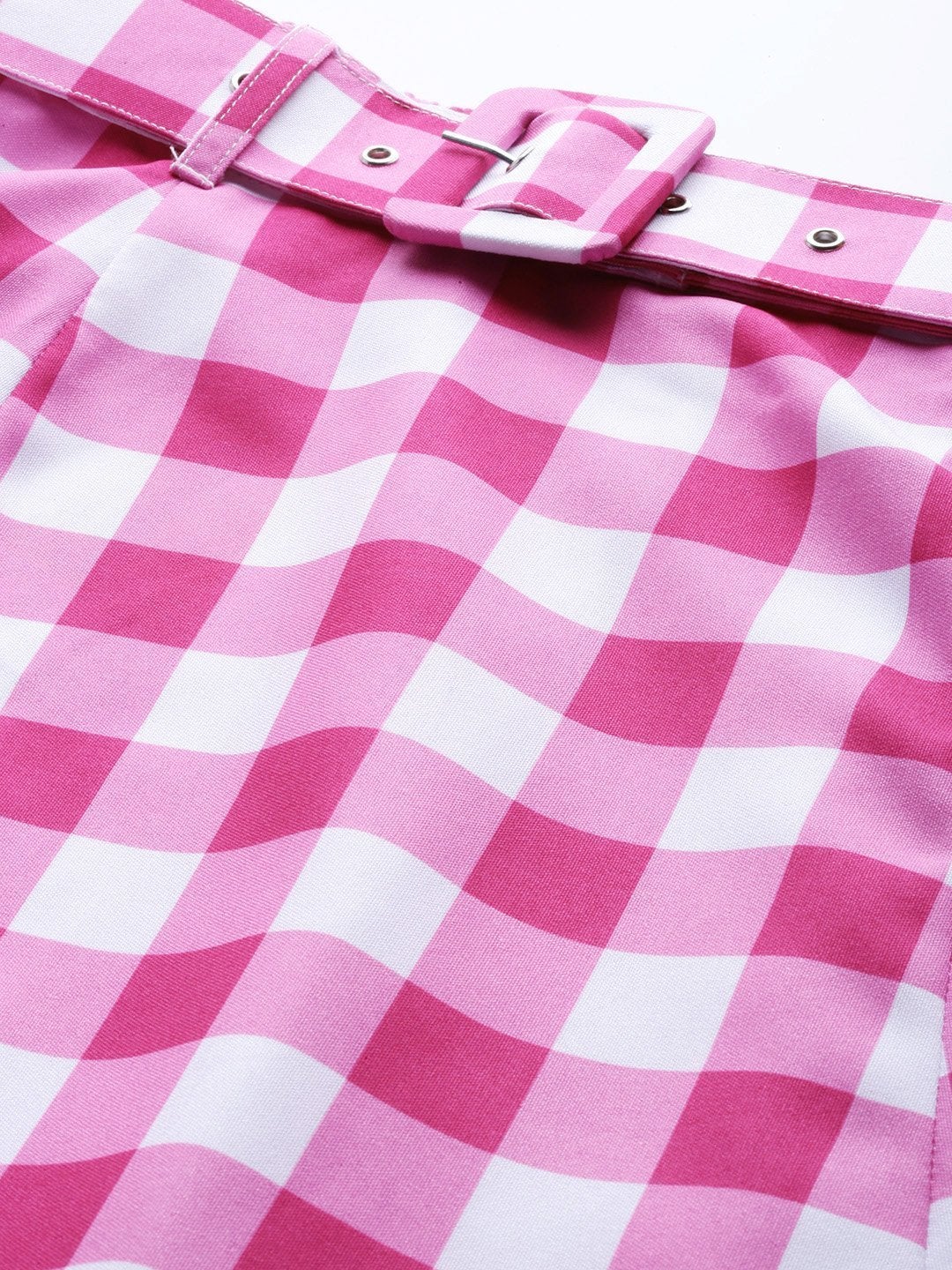 Women's Fuchsia & White Check Belted Skirt