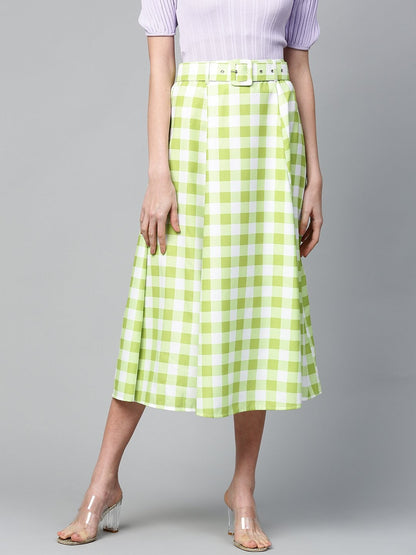 Women's Green & White Check Belted Skirt