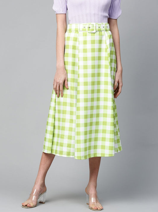 Women's Green & White Check Belted Skirt
