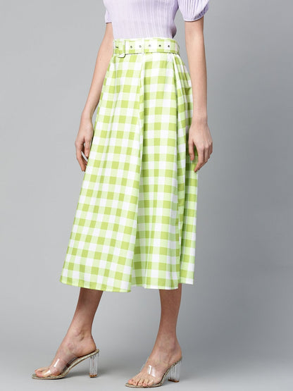 Women's Green & White Check Belted Skirt