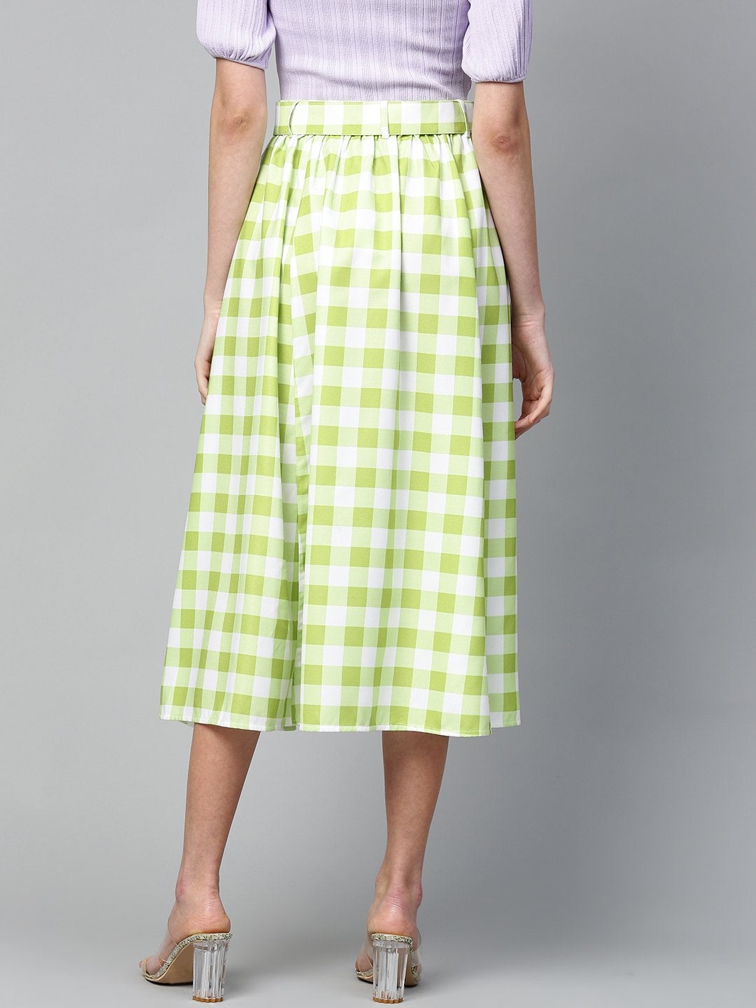 Women's Green & White Check Belted Skirt