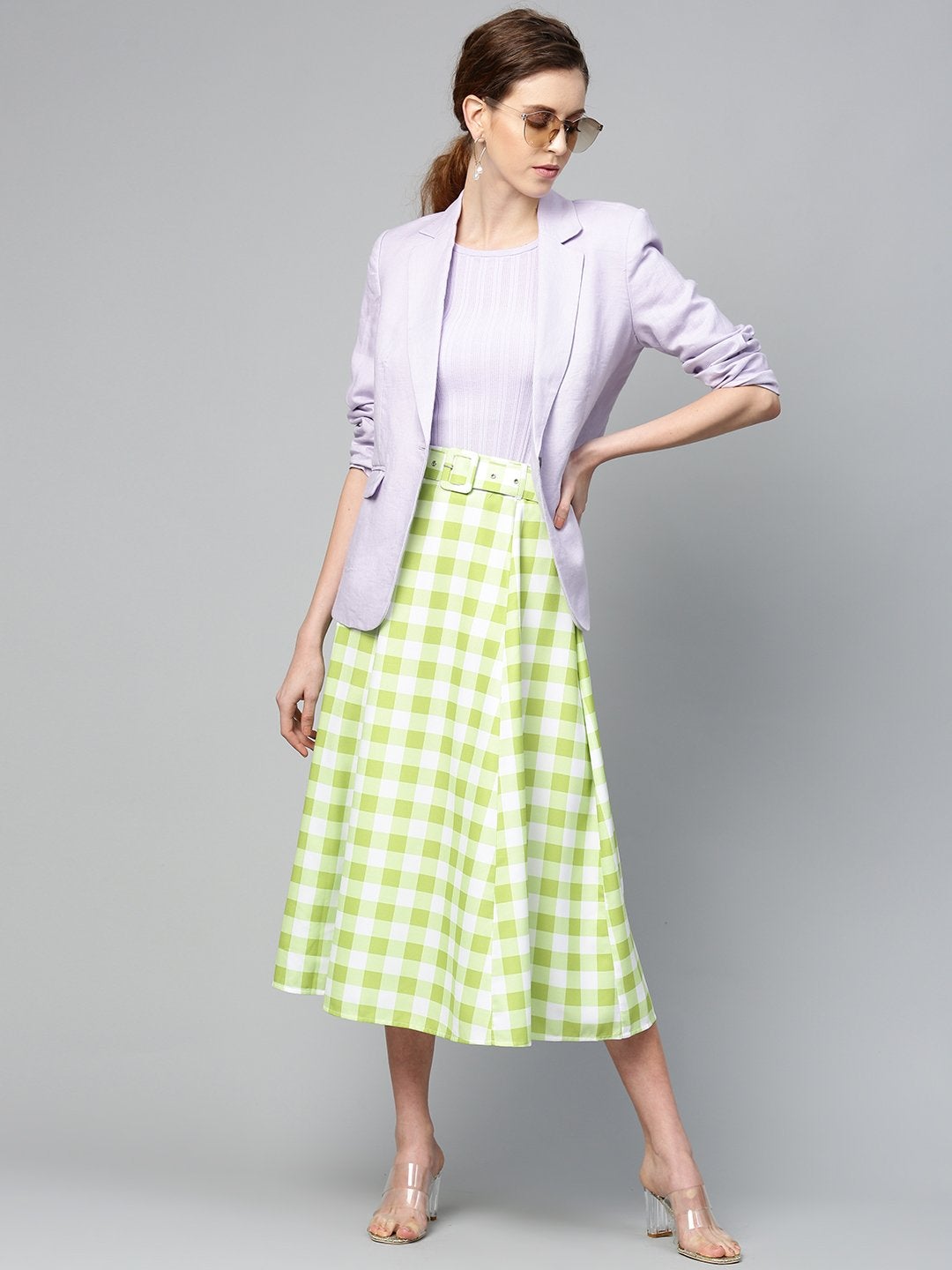 Women's Green & White Check Belted Skirt