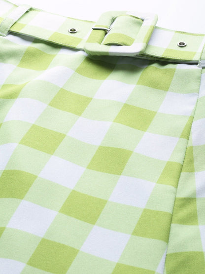 Women's Green & White Check Belted Skirt