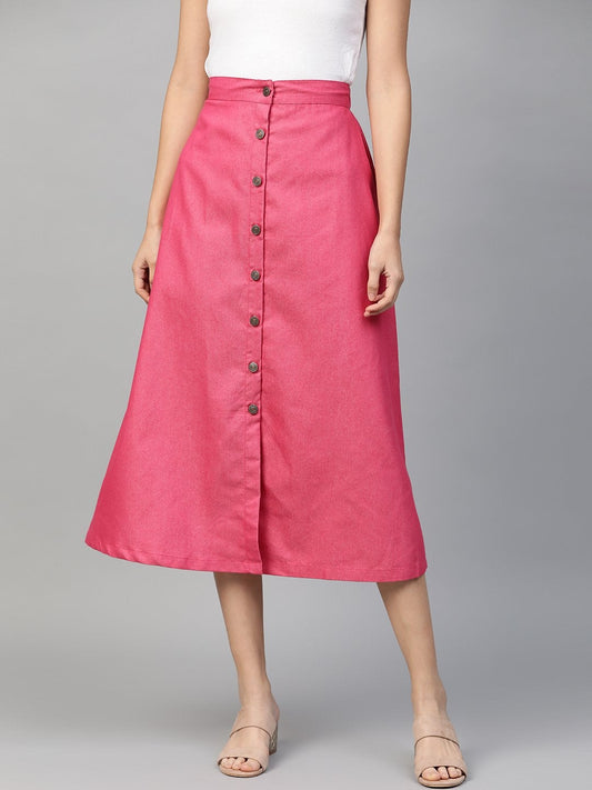 Women's Fuchsia Denim Longline Buttoned Skirt