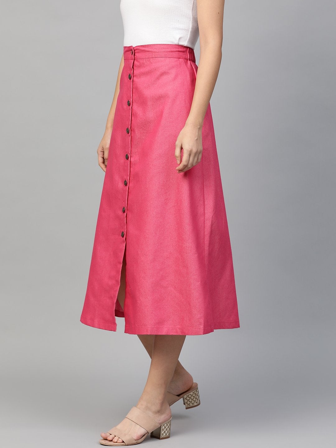 Women's Fuchsia Denim Longline Buttoned Skirt