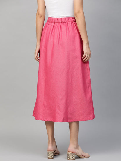 Women's Fuchsia Denim Longline Buttoned Skirt