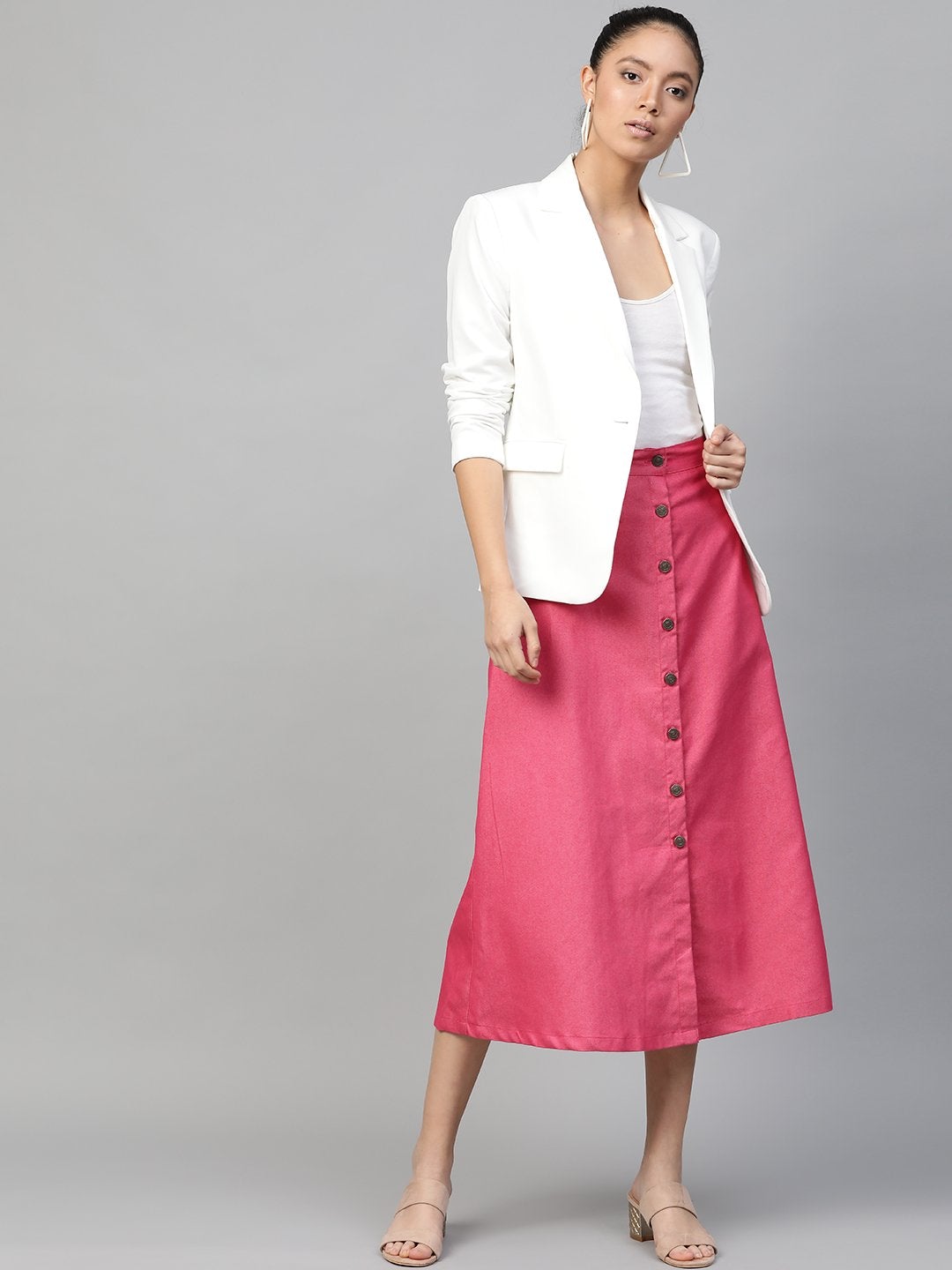 Women's Fuchsia Denim Longline Buttoned Skirt