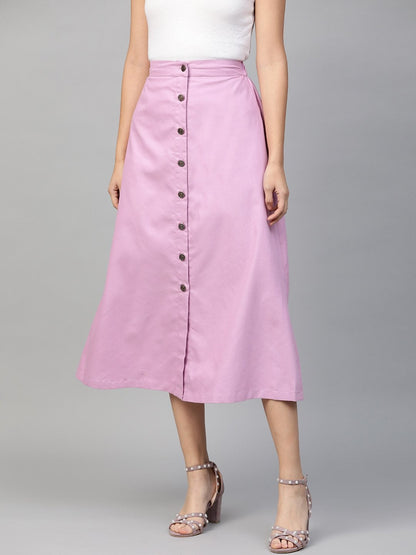 Women's Lavender Denim Longline Buttoned Skirt