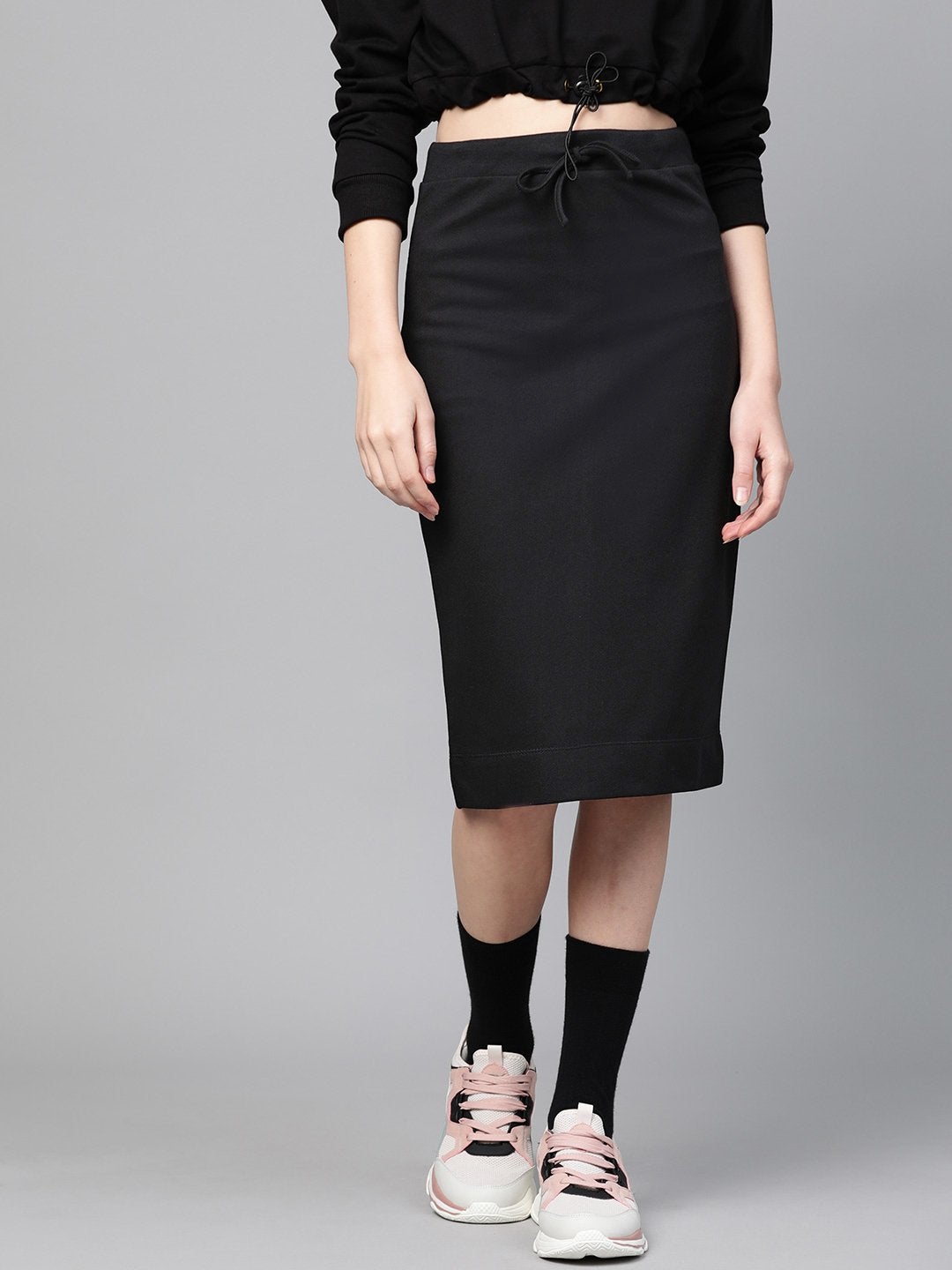 Women's Black Terry Drawstring Pencil Skirt