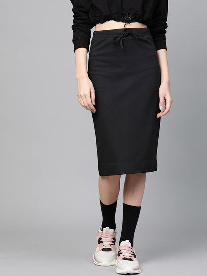 Women's Black Terry Drawstring Pencil Skirt