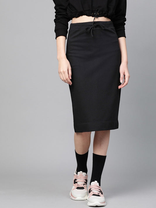 Women's Black Terry Drawstring Pencil Skirt