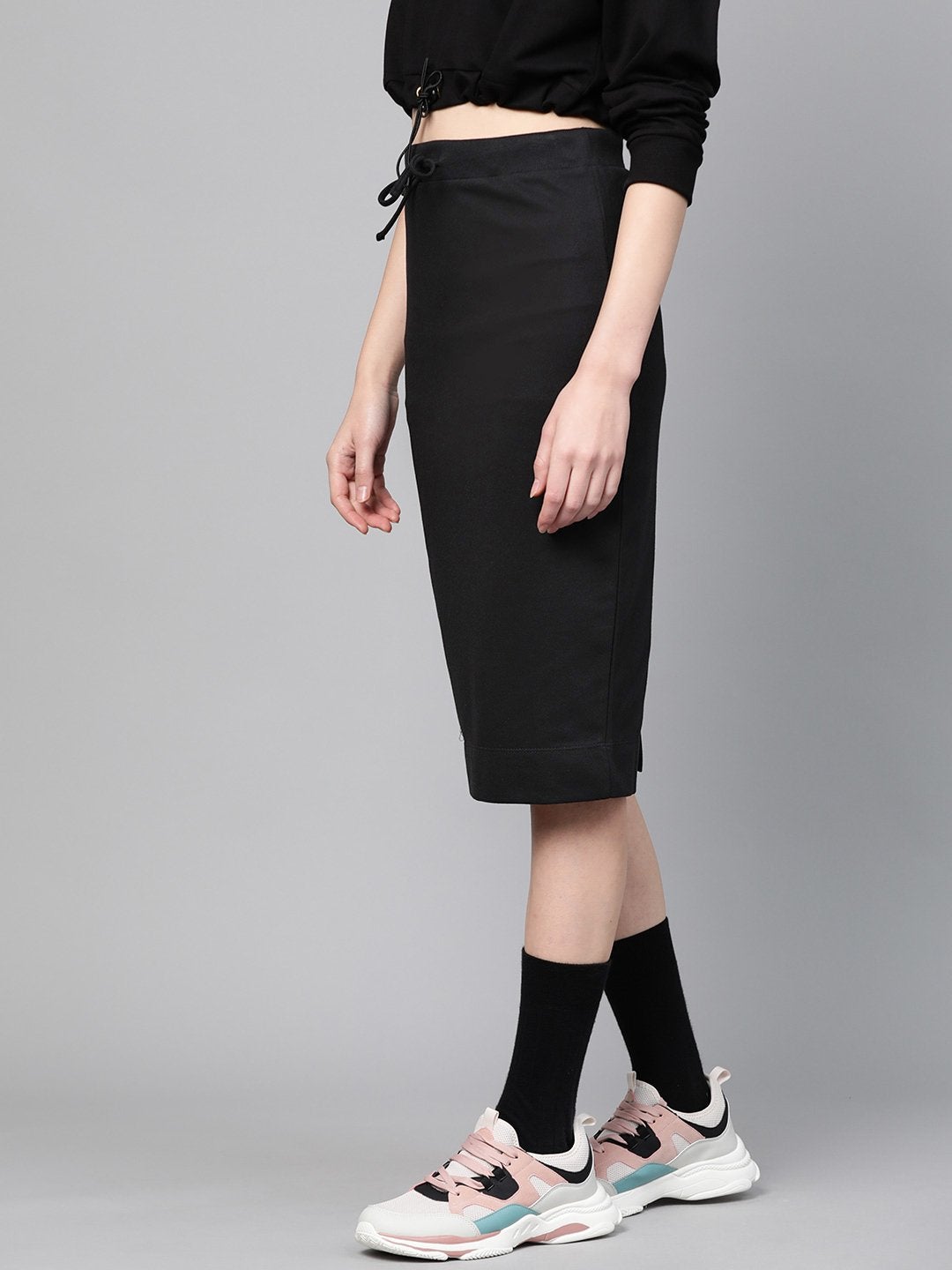 Women's Black Terry Drawstring Pencil Skirt