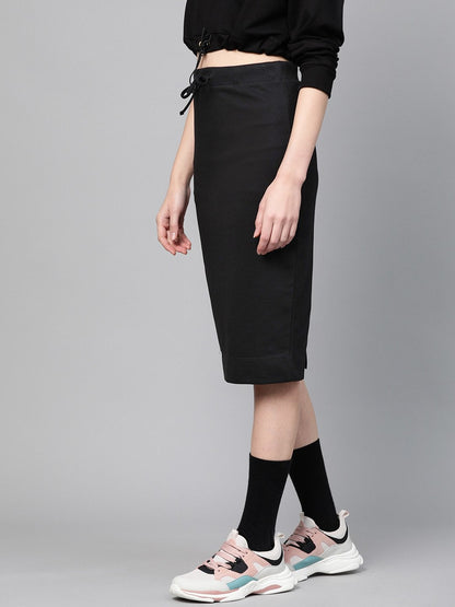 Women's Black Terry Drawstring Pencil Skirt