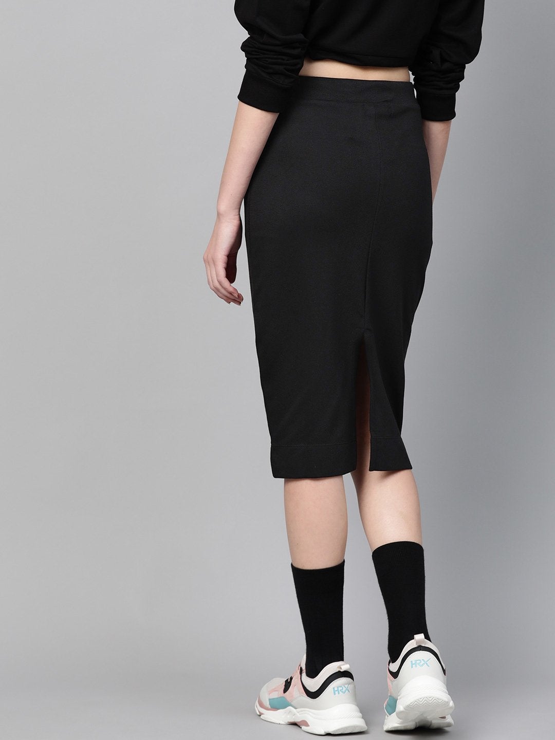 Women's Black Terry Drawstring Pencil Skirt