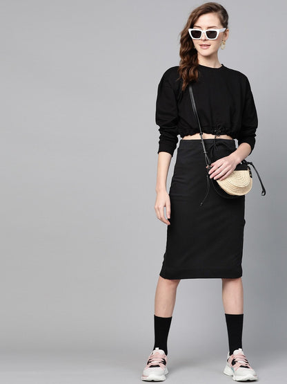 Women's Black Terry Drawstring Pencil Skirt