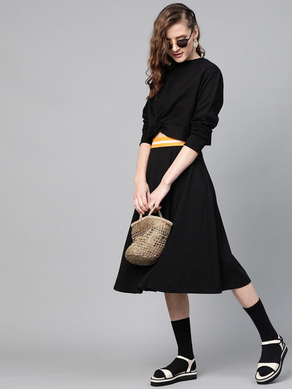 Women's Black Knit A-Line Midi Skirt