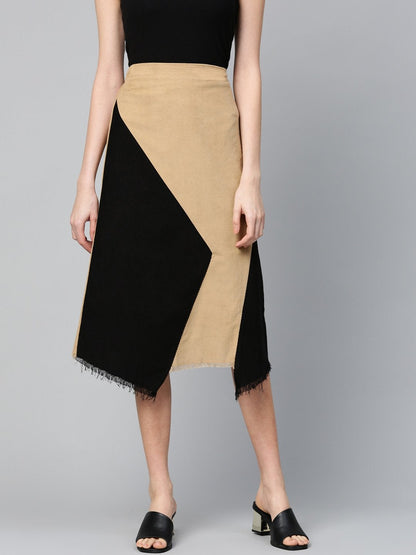 Women's Black & Beige Colorblock Asymmetric Skirt