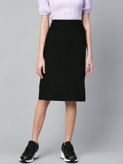 Women's Black Corduroy Side Button Midi Skirt