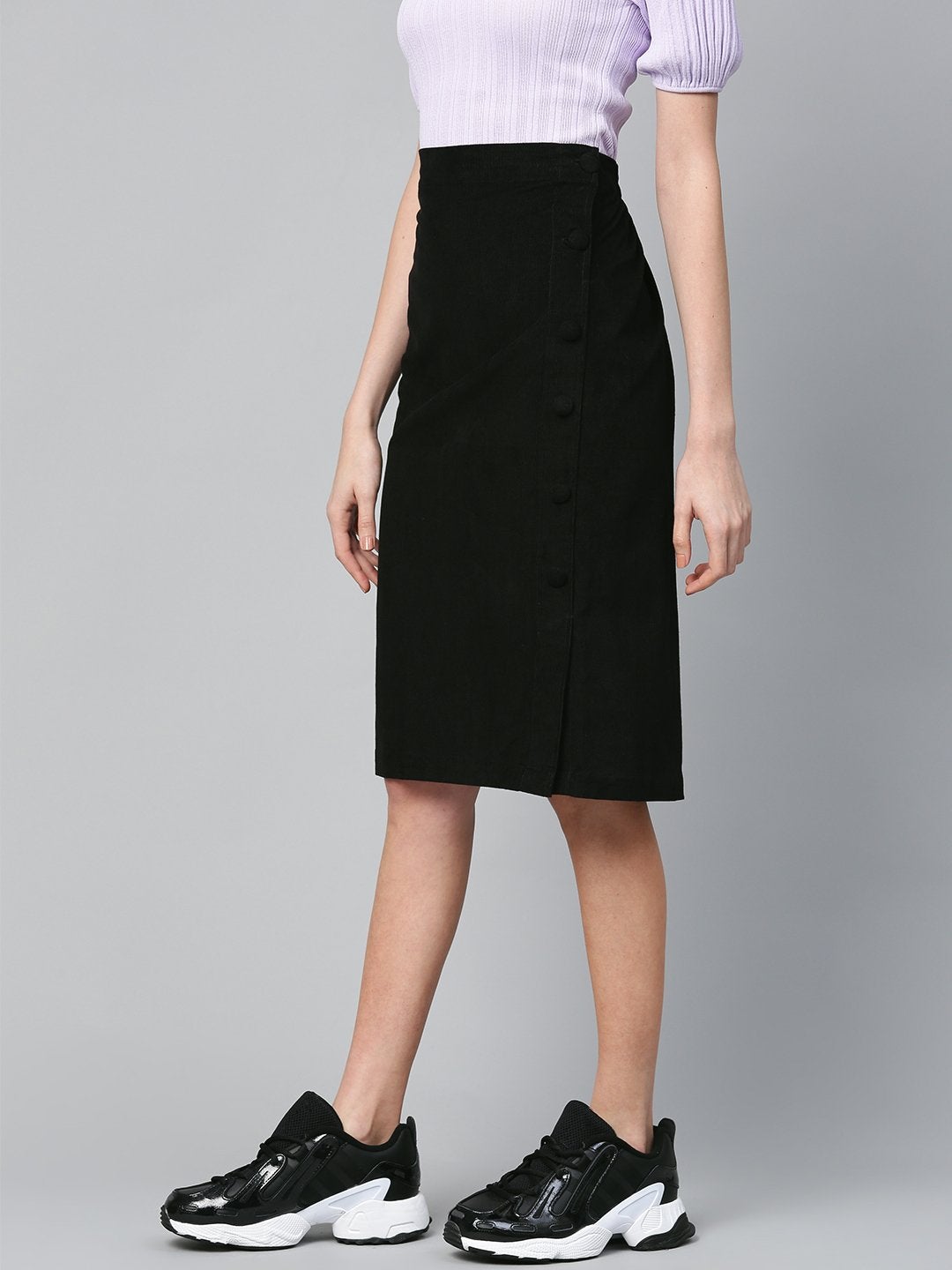 Women's Black Corduroy Side Button Midi Skirt