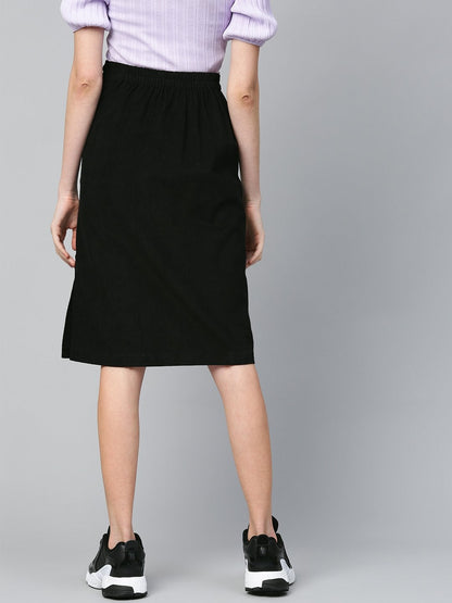 Women's Black Corduroy Side Button Midi Skirt