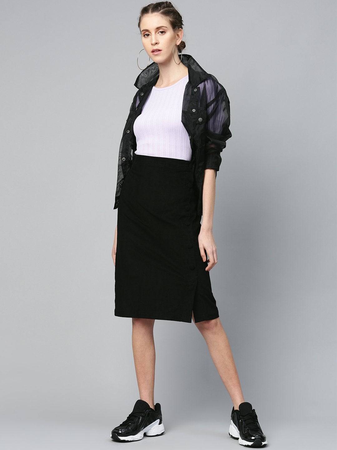 Women's Black Corduroy Side Button Midi Skirt