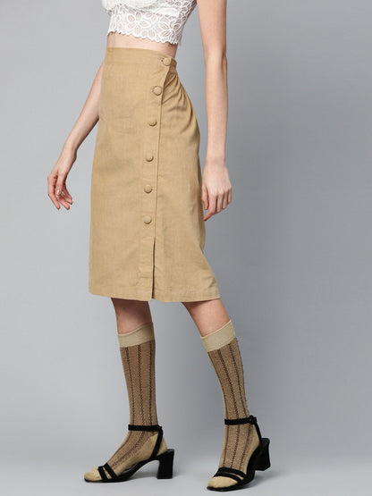 Women's Beige Corduroy Side Button Midi Skirt