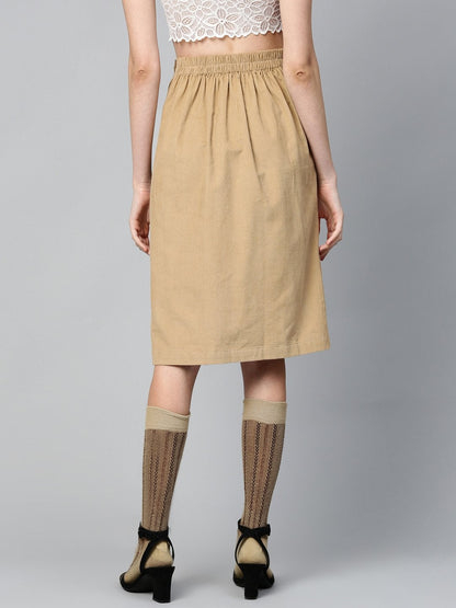 Women's Beige Corduroy Side Button Midi Skirt