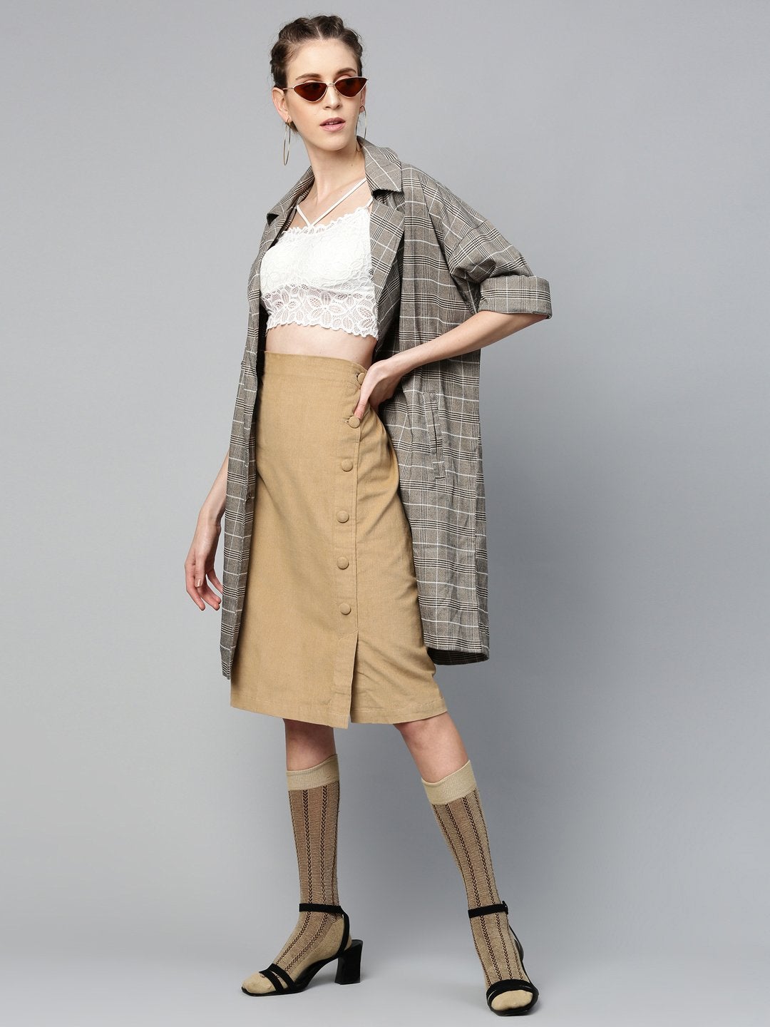 Women's Beige Corduroy Side Button Midi Skirt