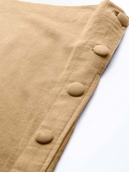 Women's Beige Corduroy Side Button Midi Skirt
