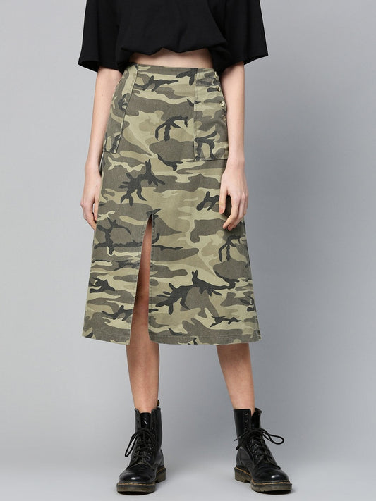 Women's Green Camouflage Twill Front Slit Skirt
