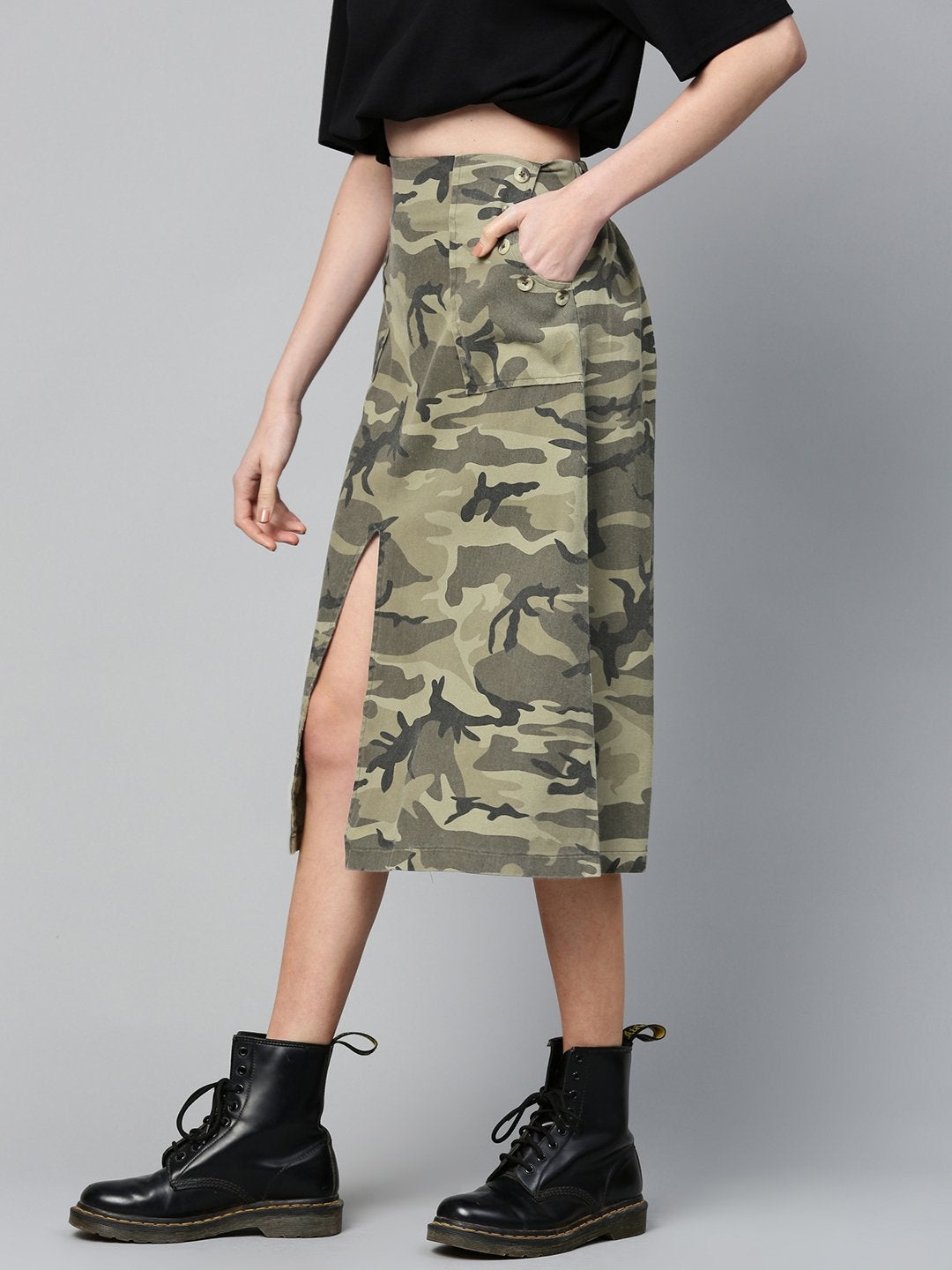 Women's Green Camouflage Twill Front Slit Skirt