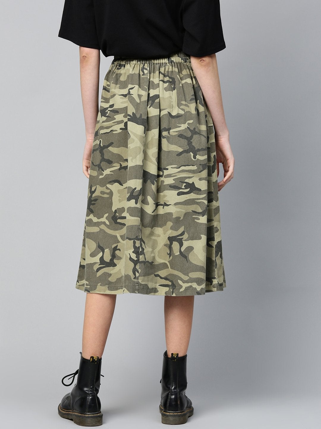Women's Green Camouflage Twill Front Slit Skirt