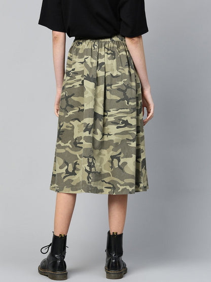 Women's Green Camouflage Twill Front Slit Skirt